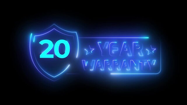 Vibrant Blue Neon 20 Year Warranty Shield Seal Animation with Electric Outline Border on Black Overlay 4k video