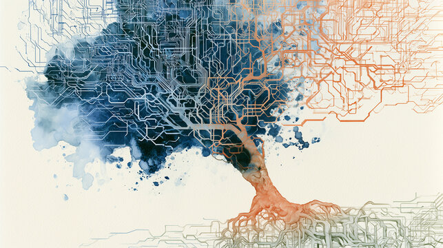 Watercolor Tree Illustration Merging Circuits and Roots.