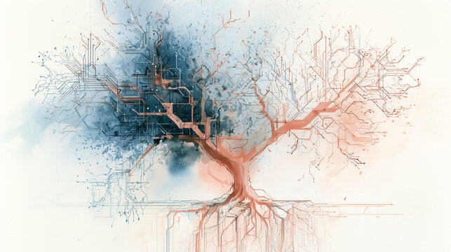 Watercolor Tree Illustration Merging Circuits and Roots.