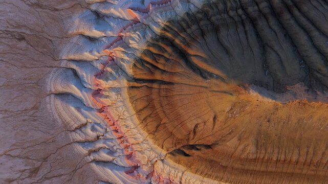 Aerial view of the unique geological formations of Gora Bokty showing layered sedimentary rock patterns and eroded slopes in Karakiya District, Mangystau Region, Kazakhstan.