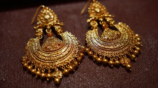 Beautiful indian antique golden bridal earrings pair displayed as traditional luxury female jewelry, elegant ethnic wedding earrings with intricate vintage design, heavy party wear ornament isolated f