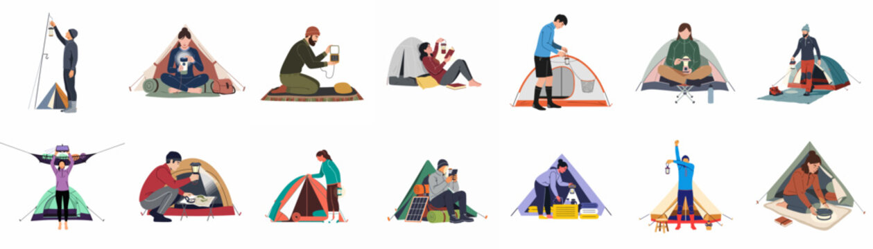 Flat vector illustration collection of people engaged in various camping activities, setting up tents, and using lanterns at their campsites.