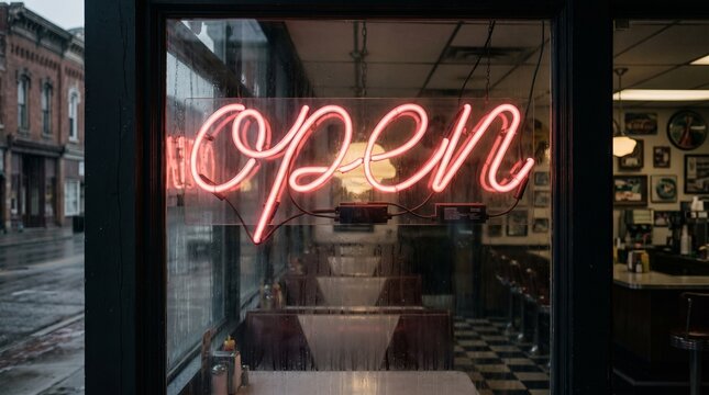 Illuminated Neon Open Sign Glowing in the Window of a Cozy Vintage Diner During a Rainy Afternoon