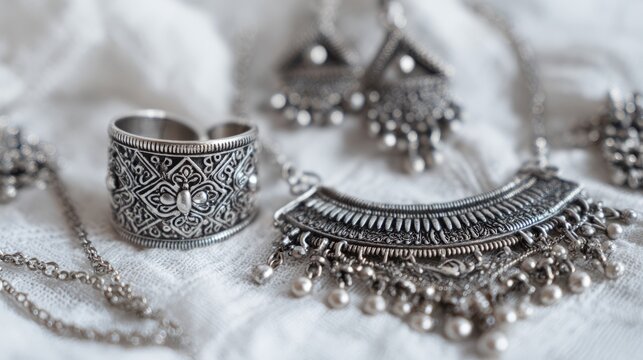 Elegant bohemian style silver jewelry collection isolated on white background, handmade vintage ethnic accessories with intricate artisan metalwork, luxury fashion ornament for women, minimal product 