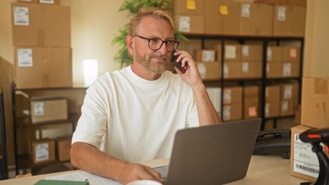 Man holds smartphone to ear and types on laptop among stacked packages in building; focused productivity.