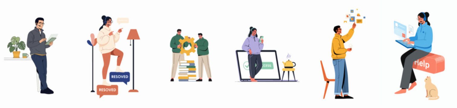 Collection of diverse customer support and technical service illustrations featuring professionals with headsets assisting clients and solving problems in various remote work scenarios.