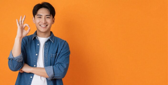 Young Asian man in denim shirt shows ok hand sign with smile against orange backdrop. Confident guy gives positive gesture for agreement or success, with copy space.