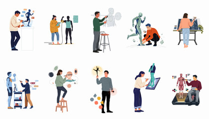 Fototapeta premium Set of illustrations depicting creative professionals designing and analyzing 3D digital human characters, anatomical models, and robotic figures using modern technology and tools.