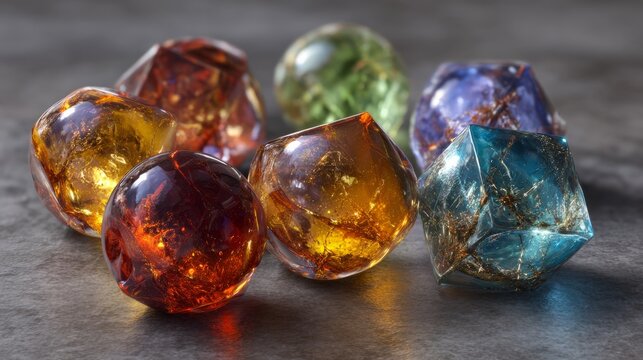 Glowing colorful crystal energy gemstones collection with radiant light, mystical healing minerals, spiritual chakra stones, natural precious gem display isolated on clean background
