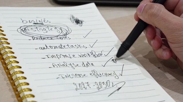 a person's hand using a black pen to aggressively scribble out mistakes and cross off items on a spiral business strategy notebook on a wooden desk. Concept of frustration or editing.