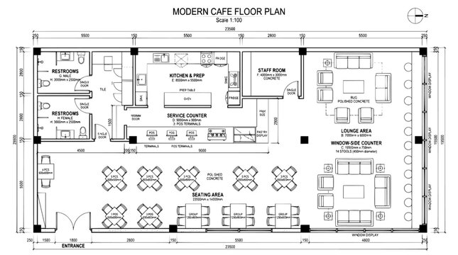 Modern cafe floor plan vector, architectural restaurant layout with seating and kitchen, professional blueprint for coffee shop interior design