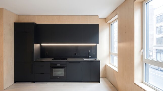 Modern minimalist kitchen interior with matte black cabinets and light wood walls