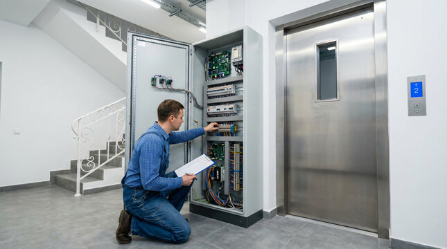 Technician checking and maintaining the elevator control panel in a modern building, ensuring safe and efficient operation of the lift system.
