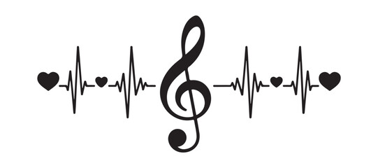 Fototapeta premium Heartbeat with music note icon, love music concept, sound therapy logo, heart rhythm.