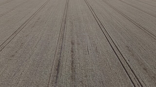 An aerial view showing deep tractor tracks patterns etched into a vast, empty brown agricultural field during the planting season.