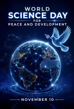 Illuminated globe with digital connections and white dove symbolizing world science day for peace and development