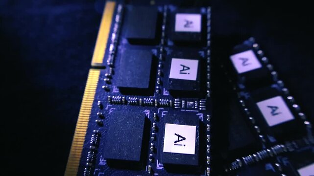 Close up view of a modern computer memory module with Ai written on the microchips, representing the concept of advanced artificial intelligence and future technology on a dark background