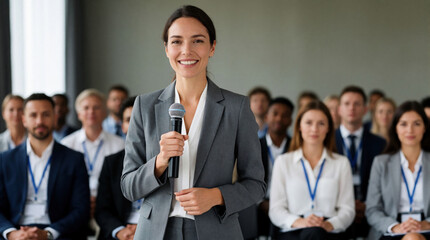 Fototapeta premium Woman with microphone speaks to audience at business conference. People listen intently in formal meeting. Female presenter smiles confidently during professional event.