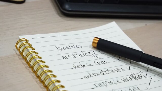 Close-up of a black pen tapping on a spiral notebook resting on a wooden desk. The handwritten notes outline a business AI strategy with checked tasks. Concept of corporate planning and brainstorming.