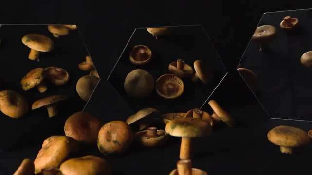 Freshly picked orange milkcap mushrooms. Also known as Lactarius deliciosus. Slowly rotating on a dark background with reflections in hexagonal mirrors creating a kaleidoscopic and mesmerizing effect