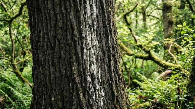 Close-up of a textured tree trunk in a lush green forest.