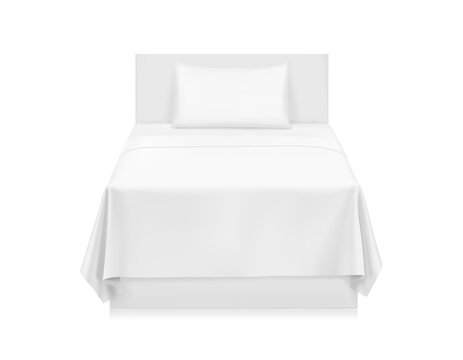 Single bed with two pillows and clean linens mockup. 3D hight realistic vector illustration isolated on white background. Scalable without lose quality. Ready layered template for your design. EPS10.