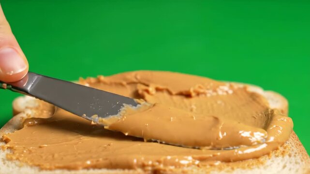 Spreading Peanut Butter on Toast: A close-up shot shows a hand using a knife to spread creamy peanut butter on a slice of white bread, against a vibrant green background.