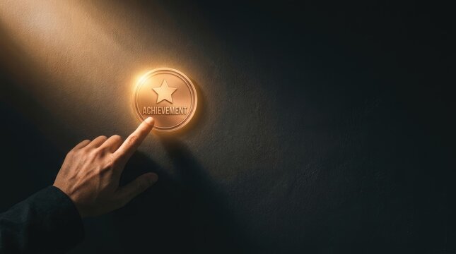 Finger pressing glowing bronze medal button symbolizing professional career success and personal growth milestone achievement