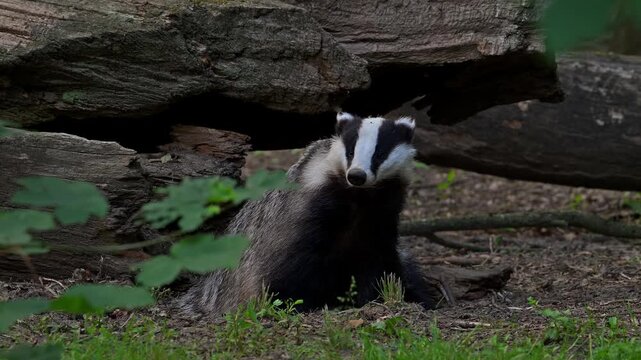 European badger (Meles meles) leaving sett / den under fallen tree trunk in forest in spring / summer