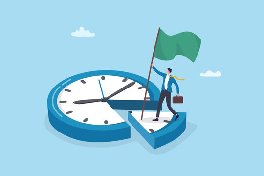 Time management project schedule efficiency, clock deadline productivity, office hour planning strategy, urgency or hurry reminder, businessman holding winning flag on piece of cut off time clock.