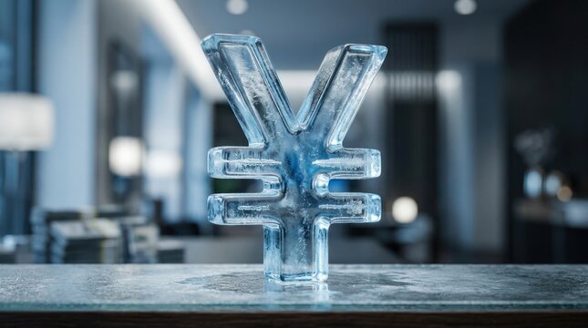 Crystal Yen Symbol on Marble Surface with Blurred Background.