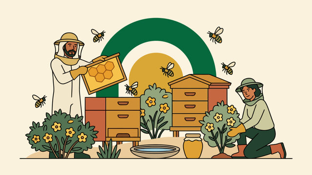 Beekeepers managing hives and flowers in sustainable agriculture setting