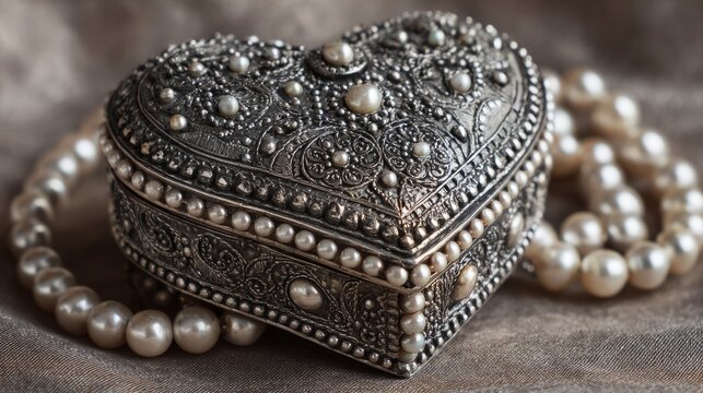 Old Vintage Heart Shaped Silver Jewelry Box with Freshwater Pearl Strands, Elegant Bridal Accessories for Wedding Ceremony, Romantic Marriage Concept, Timeless Keepsake Gift, Classic Luxury Jewelry St