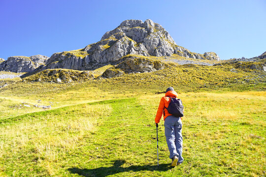 Hiker with trekking poles crossing steep grassy slope toward dramatic limestone summit in Montenegro. Highlights destination awareness, steady uphill progression, and focused mountain movement.