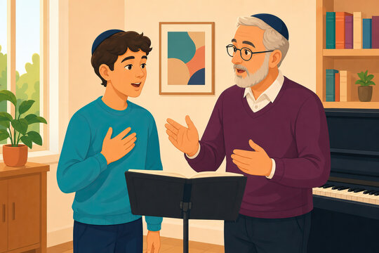 Jewish boy learning Torah cantillation with teacher, studying Hebrew scripture and preparing for Bar Mitzvah