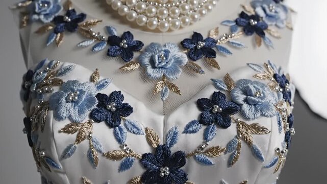 Elegant white dress bodice with blue floral embroidery and gold leaf accents