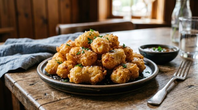 Delicious Golden Fried Vegetable Fritters Served on a Rustic Wooden Table.