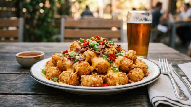Delicious Fried Appetizer Platter with Beer on Wooden Table.