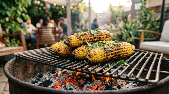 Delicious Grilled Corn on the Cob at an Outdoor Summer Party.
