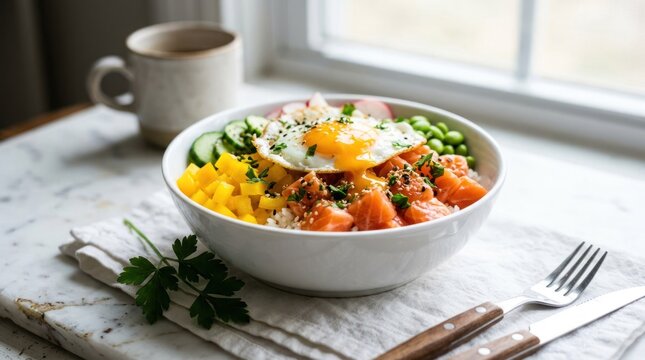 Delicious Salmon Poke Bowl with Fried Egg and Fresh Vegetables.