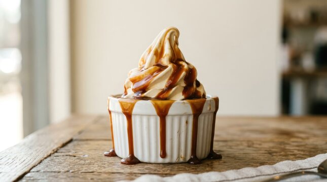 Delicious Soft Serve Ice Cream Drizzled with Caramel Sauce in a White Ramekin.