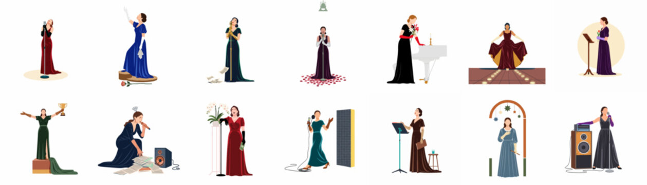 Collection of elegant female opera singers in long gowns and formal dresses performing on stage in a flat minimalist vector illustration style.