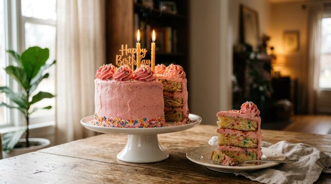 Delicious Pink Frosted Birthday Cake with Candles and Slice.
