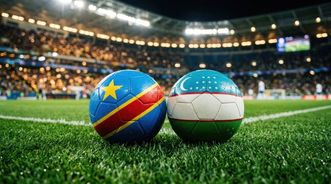 Democratic Republic of Congo vs Uzbekistan National Football Teams Flags on Soccer Ball.