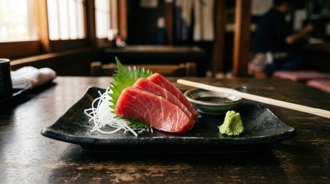 Delicious Tuna Sashimi Platter with Wasabi and Soy Sauce.