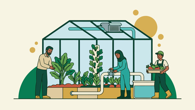 Workers tending plants in a modern greenhouse with sustainable practices
