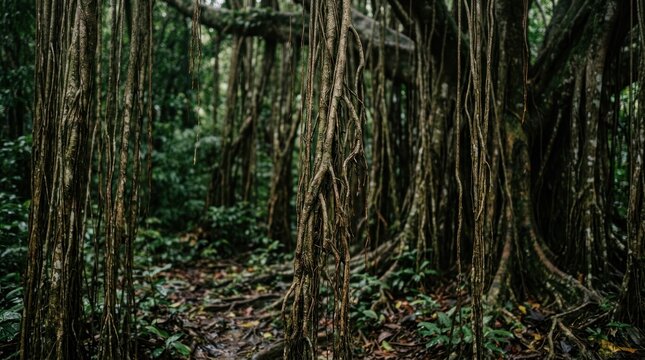Dense Jungle Canopy with Hanging Vines and Lush Greenery.