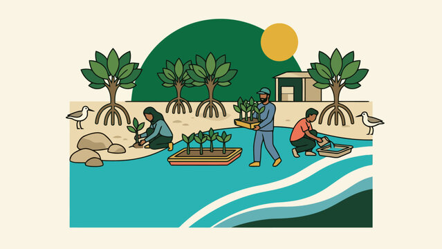 Individuals planting saplings along a riverbank with palm trees
