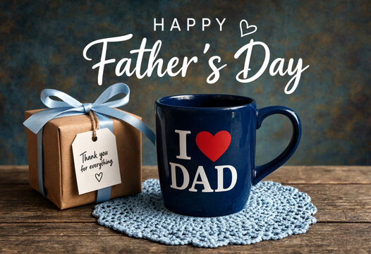 Happy fathers day celebration with gift box and coffee mug on wooden table setup