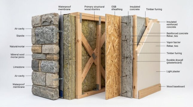 Detailed Cross-Section of Modern Building Wall Construction Layers.